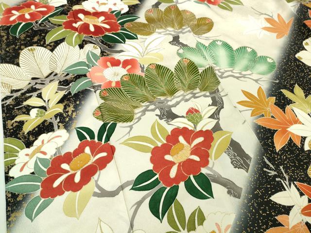 平和屋本店●極上　創業460年・千總　振袖　駒刺繍　松　楓　椿　暈し染め　金彩　反端付き　逸品　DZAB3423kh6