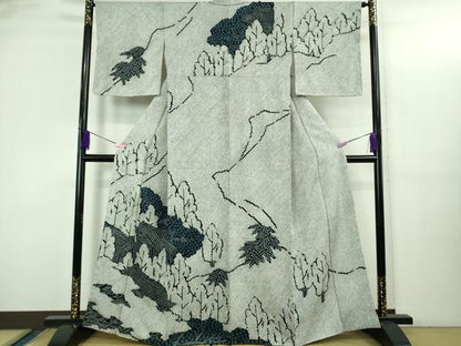平和屋本店●希少　創業460年・千總　訪問着　本疋田絞り　総絞り　風景樹林文　黒地　逸品　未使用　DZAB3425kh6