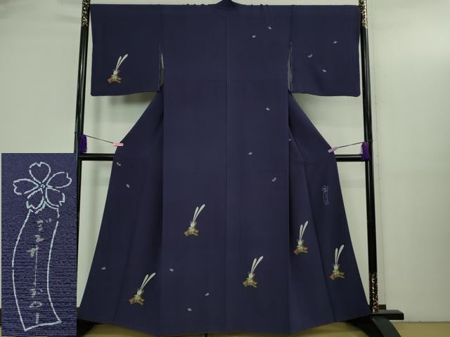 平和屋本店●極上 世界的人形師 辻村寿三郎 ジュサブロー 訪問着 兎 舞桜 深紫色地 鬼しぼ縮緬 逸品 DZAB3430kh6