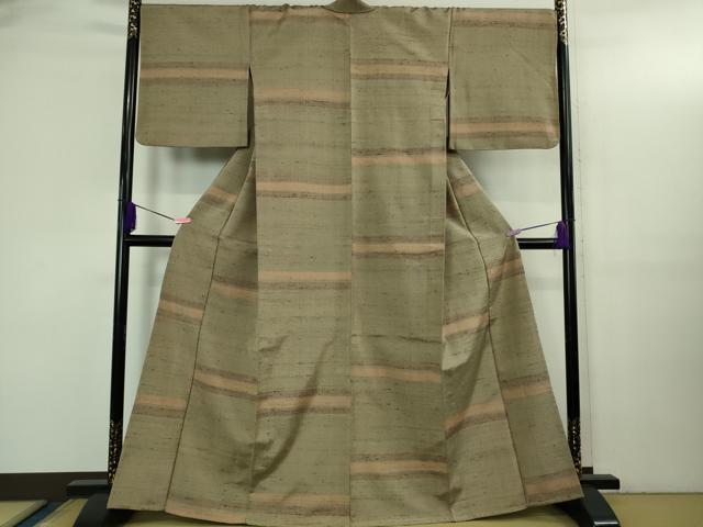 平和屋本店▽極上　伊兵衛織　工芸手織　単衣　横段文　生壁色地　逸品　DZAB3437kh6