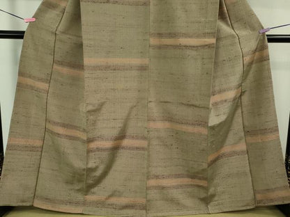 平和屋本店▽極上　伊兵衛織　工芸手織　単衣　横段文　生壁色地　逸品　DZAB3437kh6