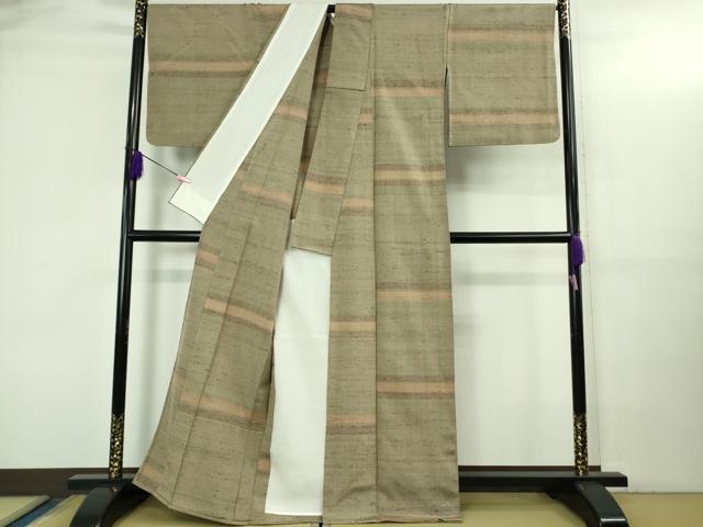 平和屋本店▽極上　伊兵衛織　工芸手織　単衣　横段文　生壁色地　逸品　DZAB3437kh6