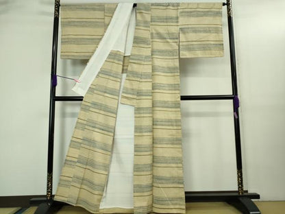 平和屋本店▽極上　郡上紬　草木染　単衣　横段文　逸品　DZAB3438kh6