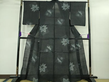 平和屋本店＊極上　夏物　重要無形文化財　本場宮古上布　苧麻　80亀甲　色紙楓文　濃藍色地　逸品　DZAB3455kh6