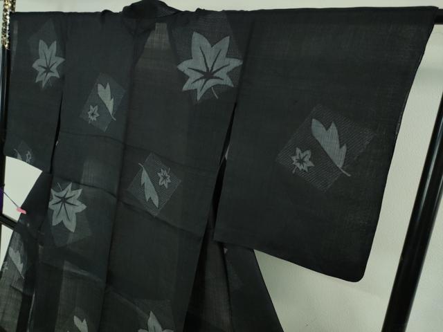 平和屋本店＊極上　夏物　重要無形文化財　本場宮古上布　苧麻　80亀甲　色紙楓文　濃藍色地　逸品　DZAB3455kh6