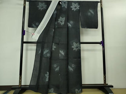 平和屋本店＊極上　夏物　重要無形文化財　本場宮古上布　苧麻　80亀甲　色紙楓文　濃藍色地　逸品　DZAB3455kh6