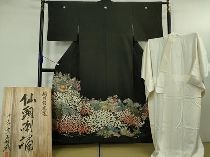 平和屋本店●極上 十七代京屋林蔵 黒留袖・長襦袢(無双仕立て)セット 総刺繍 汕頭・相良刺繍 金糸 共箱付き 逸品 DZAB3471kh6
