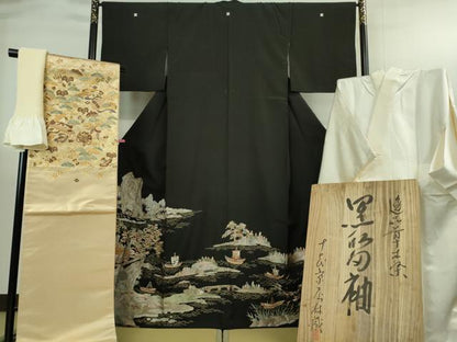 平和屋本店●極上 十七代京屋林蔵 黒留袖・長襦袢(無双仕立て)・袋帯・帯揚げセット 総刺繍 蘇州・相良刺繍 金糸 共箱付き 逸品DZAB3472kh6
