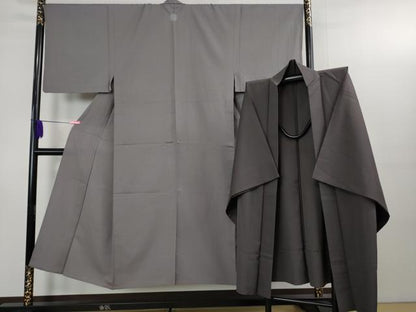 平和屋本店▽極上　男性　色紋付　お召　単衣　アンサンブル　長羽織　着物:灰色×羽織:藍墨茶色　逸品　DZAB3478kh6