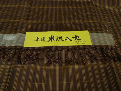 平和屋着物●極上　本場米沢八丈　紬　格子　証紙付き　逸品　未使用　DZAB3483kh6