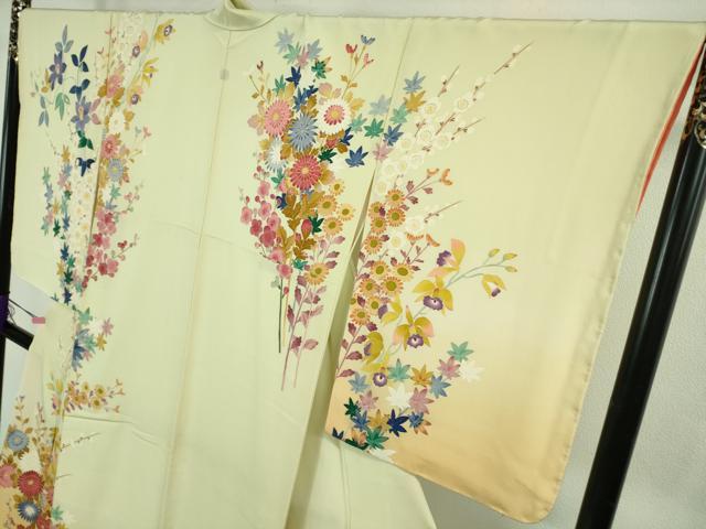 平和屋本店●極上 本加賀友禅作家 浅野冨治男 訪問着 草花文 女郎花色地 暈し染め 逸品 DZAB3501kh6