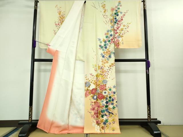 平和屋本店●極上 本加賀友禅作家 浅野冨治男 訪問着 草花文 女郎花色地 暈し染め 逸品 DZAB3501kh6