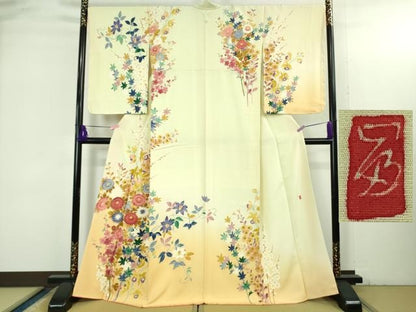 平和屋本店●極上 本加賀友禅作家 浅野冨治男 訪問着 草花文 女郎花色地 暈し染め 逸品 DZAB3501kh6