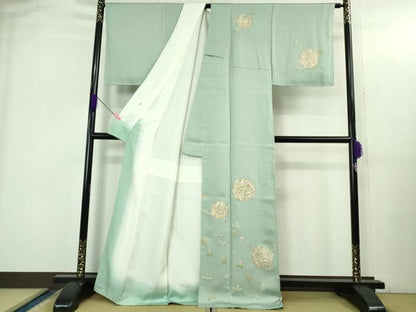 平和屋本店●極上 訪問着 刺繍 花唐草文 錆青磁色地 金彩 逸品 未使用 DZAB3503kh6