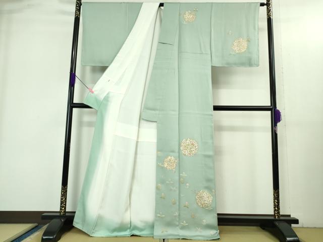 平和屋本店●極上 訪問着 刺繍 花唐草文 錆青磁色地 金彩 逸品 未使用 DZAB3503kh6