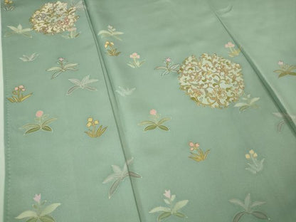 平和屋本店●極上 訪問着 刺繍 花唐草文 錆青磁色地 金彩 逸品 未使用 DZAB3503kh6