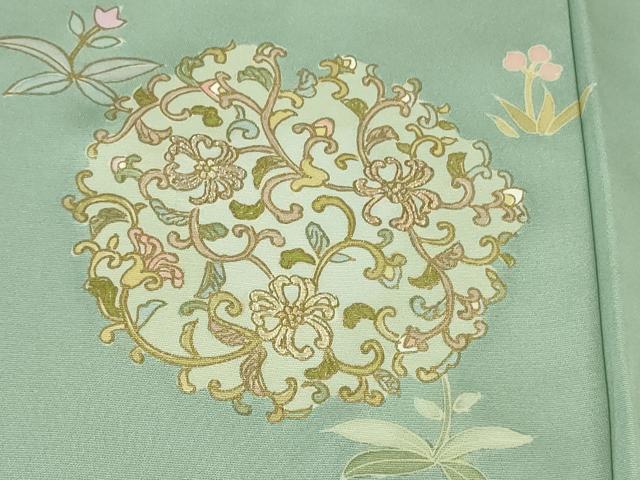 平和屋本店●極上 訪問着 刺繍 花唐草文 錆青磁色地 金彩 逸品 未使用 DZAB3503kh6