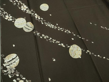 平和屋着物●極上　訪問着　総刺繍　毬　舞桜　黒鳶色地　金銀糸　逸品　未使用　DZAB3510kh6
