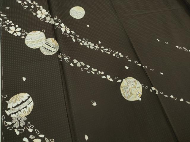 平和屋着物●極上　訪問着　総刺繍　毬　舞桜　黒鳶色地　金銀糸　逸品　未使用　DZAB3510kh6