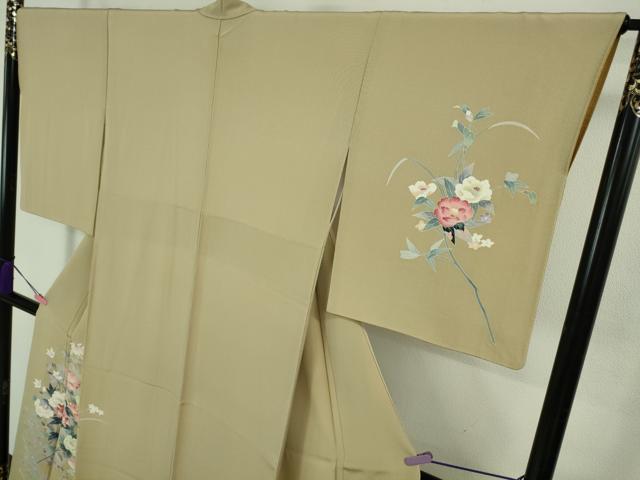 平和屋本店●極上 本加賀友禅作家 岡本幸治 訪問着 草花文 白橡色地 逸品 DZAB3513kh6