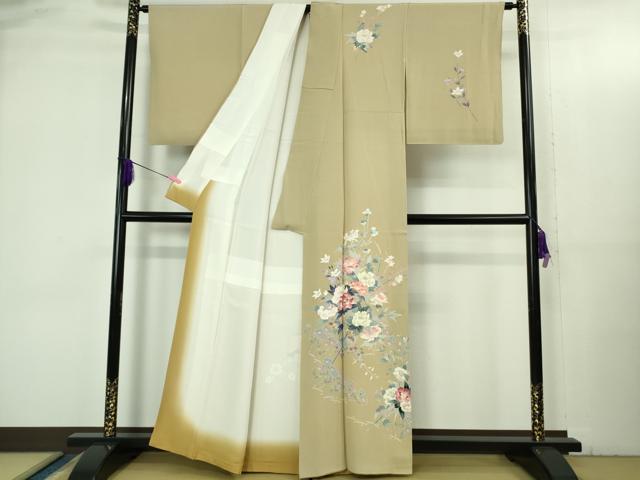 平和屋本店●極上 本加賀友禅作家 岡本幸治 訪問着 草花文 白橡色地 逸品 DZAB3513kh6