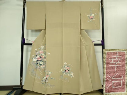 平和屋本店●極上 本加賀友禅作家 岡本幸治 訪問着 草花文 白橡色地 逸品 DZAB3513kh6