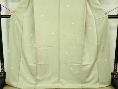 平和屋着物●極上 染師 久保伊智郎 小紋 ホタル菱 白緑色地 反端付き 逸品 DZAB3518kh6