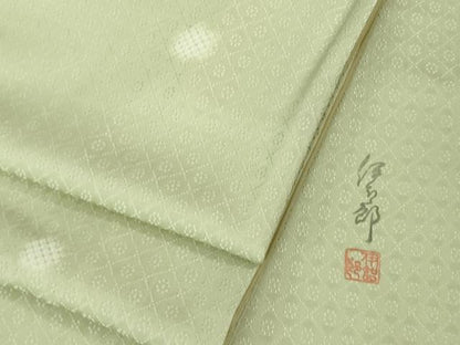 平和屋着物●極上 染師 久保伊智郎 小紋 ホタル菱 白緑色地 反端付き 逸品 DZAB3518kh6