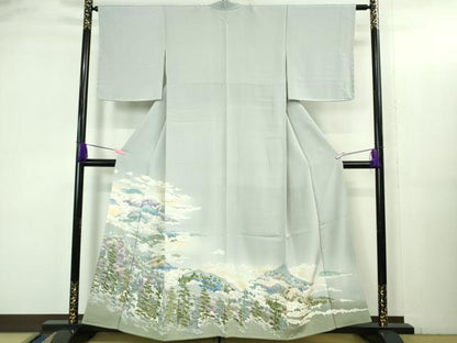 平和屋着物●極上 本加賀友禅作家 滝明博 訪問着 樹林山風景 淡藤色地 逸品 未使用 DZAB3519kh6