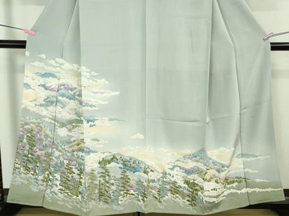 平和屋着物●極上 本加賀友禅作家 滝明博 訪問着 樹林山風景 淡藤色地 逸品 未使用 DZAB3519kh6
