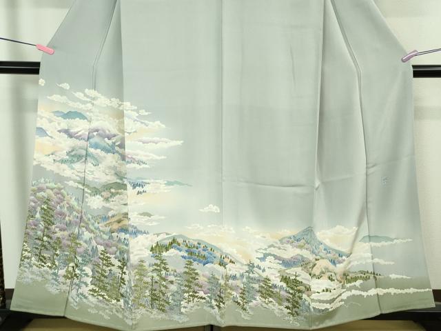平和屋着物●極上 本加賀友禅作家 滝明博 訪問着 樹林山風景 淡藤色地 逸品 未使用 DZAB3519kh6
