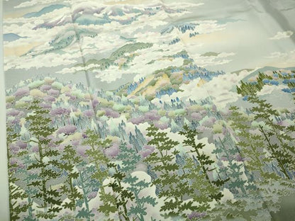 平和屋着物●極上 本加賀友禅作家 滝明博 訪問着 樹林山風景 淡藤色地 逸品 未使用 DZAB3519kh6