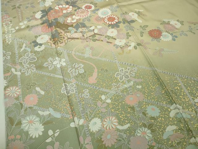 平和屋着物●極上 訪問着 花車文 練色地 金彩 ロング丈 逸品 未使用 DZAB3520kh6