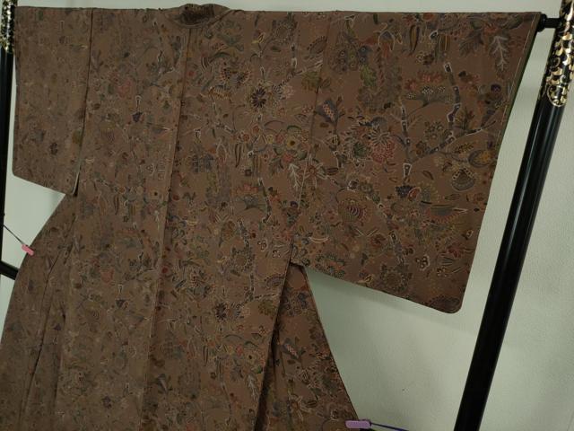 平和屋着物●極上 前田仁仙 仁仙更紗 小紋 更紗鳥獣花文 濃色地 逸品 未使用 DZAB3524kh6