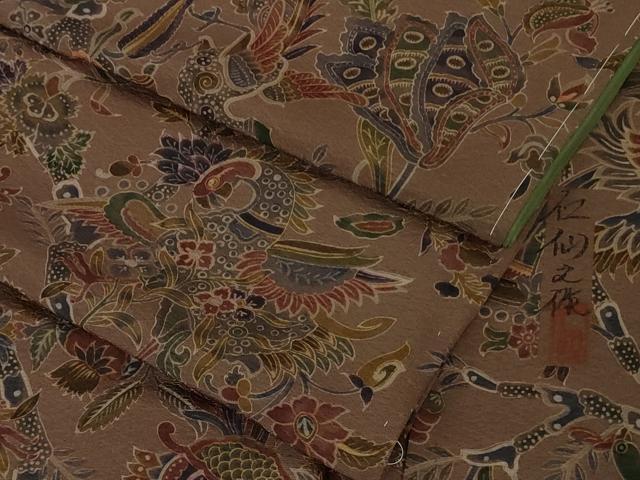 平和屋着物●極上 前田仁仙 仁仙更紗 小紋 更紗鳥獣花文 濃色地 逸品 未使用 DZAB3524kh6