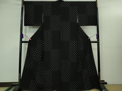 平和屋着物●極上 小紋 絞り 変わり市松 黒地 逸品 未使用 DZAB3526kh6
