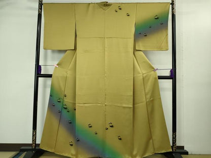 平和屋着物●極上　染色作家　青木龍雲　訪問着・袋帯セット　手描き　水滴　菜種油色地　金彩　逸品　DZAB3527kh6