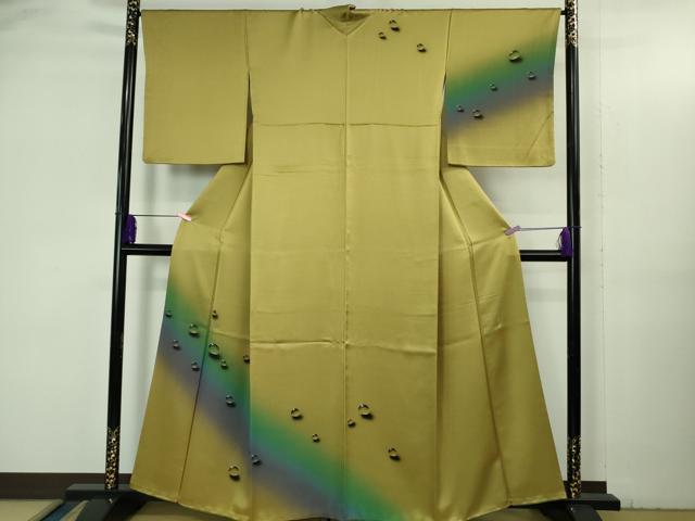 平和屋着物●極上　染色作家　青木龍雲　訪問着・袋帯セット　手描き　水滴　菜種油色地　金彩　逸品　DZAB3527kh6