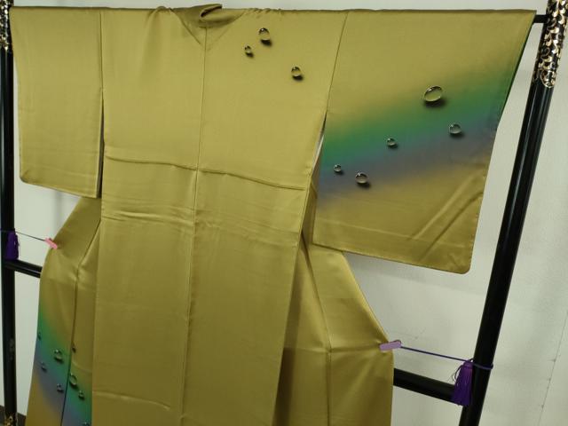 平和屋着物●極上　染色作家　青木龍雲　訪問着・袋帯セット　手描き　水滴　菜種油色地　金彩　逸品　DZAB3527kh6