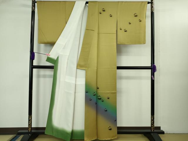 平和屋着物●極上　染色作家　青木龍雲　訪問着・袋帯セット　手描き　水滴　菜種油色地　金彩　逸品　DZAB3527kh6