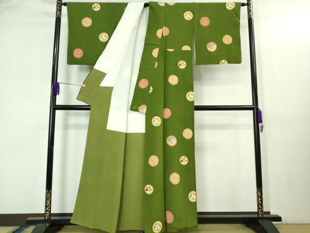 平和屋本店●極上　銀座　志ま亀　小紋　花丸文　老竹色地　たとう紙付き　逸品　DZAB3540kh6