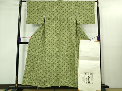 平和屋本店●極上　銀座　志ま亀　小紋　花唐草文　山葵色　縮緬地　たとう紙付き　逸品　DZAB3541kh6