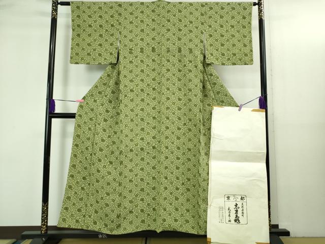 平和屋本店●極上　銀座　志ま亀　小紋　花唐草文　山葵色　縮緬地　たとう紙付き　逸品　DZAB3541kh6