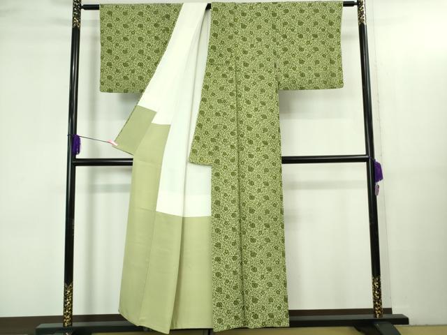 平和屋本店●極上　銀座　志ま亀　小紋　花唐草文　山葵色　縮緬地　たとう紙付き　逸品　DZAB3541kh6