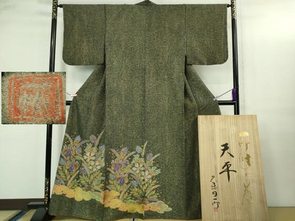 平和屋本店●最高級　初代　久保田一竹　幻の辻が花　色留訪問着　天平　金通し地　共箱付き　逸品　DZAB3543kh6