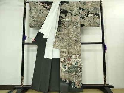 平和屋本店●極上　創業明治元年 京の老舗【小糸染芸】小糸敏夫 訪問着・袋帯セット 手描き　城下町人物風景　暈し染め　逸品　DZAB3545kh6