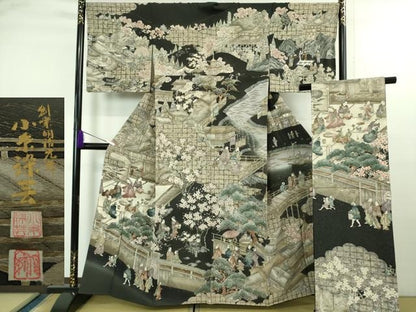 平和屋本店●極上　創業明治元年 京の老舗【小糸染芸】小糸敏夫 訪問着・袋帯セット 手描き　城下町人物風景　暈し染め　逸品　DZAB3545kh6