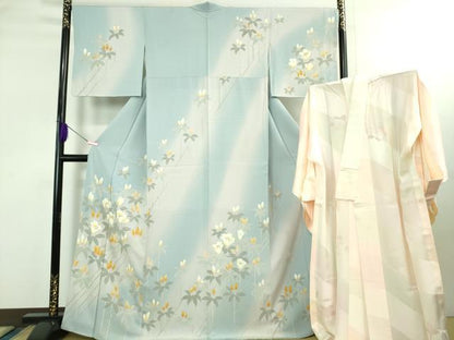 平和屋本店●極上 訪問着・長襦袢(無双仕立て)セット 駒刺繍 枝花文 暈し染め 金彩 逸品 DZAB3546kh6