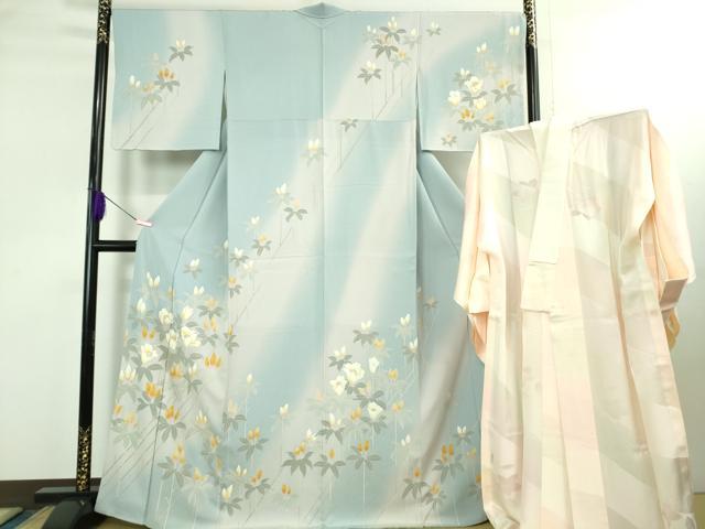 平和屋本店●極上 訪問着・長襦袢(無双仕立て)セット 駒刺繍 枝花文 暈し染め 金彩 逸品 DZAB3546kh6