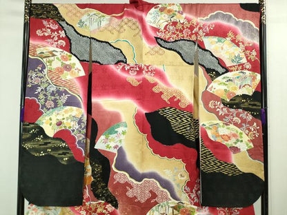 平和屋本店●極上　創業460年・千總　振袖　駒刺繍　地紙御所車花文　暈し染め　金彩　三越扱い　逸品　DZAB3549kh6